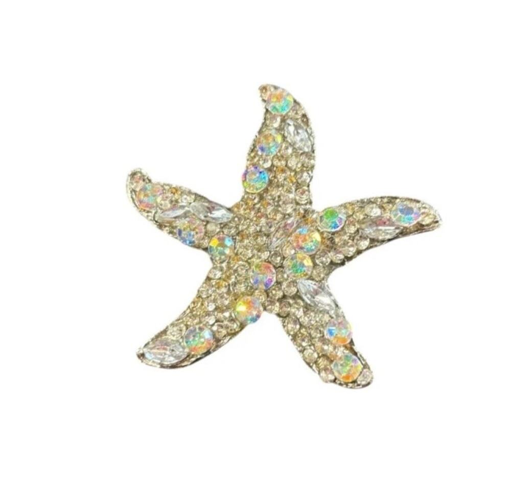 Rhinestone Starfish Brooch AB Crystal Gold Tone Beach Statement Pin Coastal Glam
